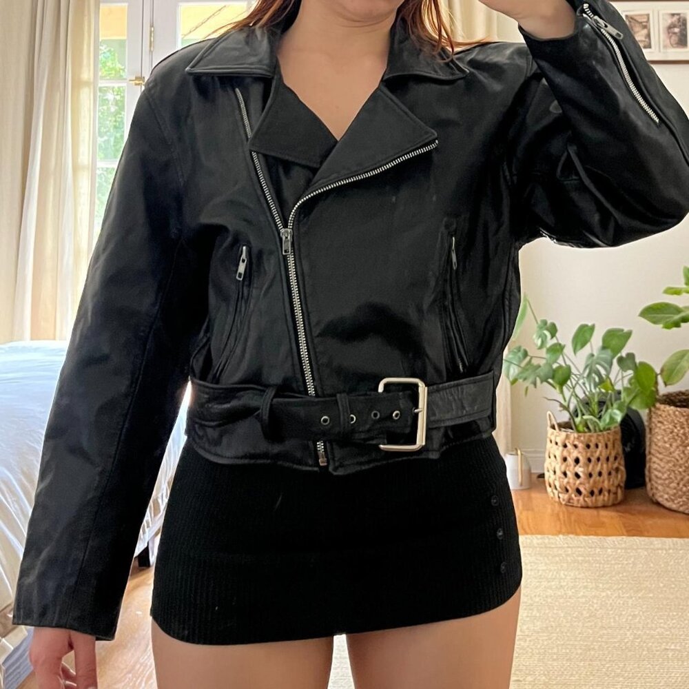 BLACK HEAVYWEIGHT CROPPED LEATHER BIKER JACKET